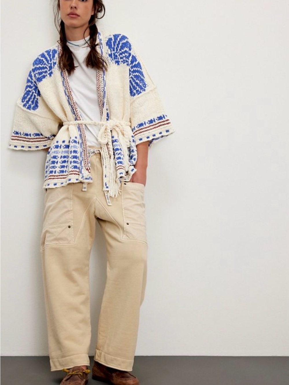 free people Diamondback Fringe Kimono Cardigan Cream & Blue Size Small/Medium